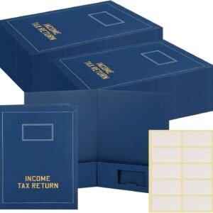 50 carpetas de declaración de impuestos a granel, 2 bolsillos, carpetas de impuestos sobre la renta estampadas con etiquetas en blanco, organizador de oficina de archivos comerciales (azul)